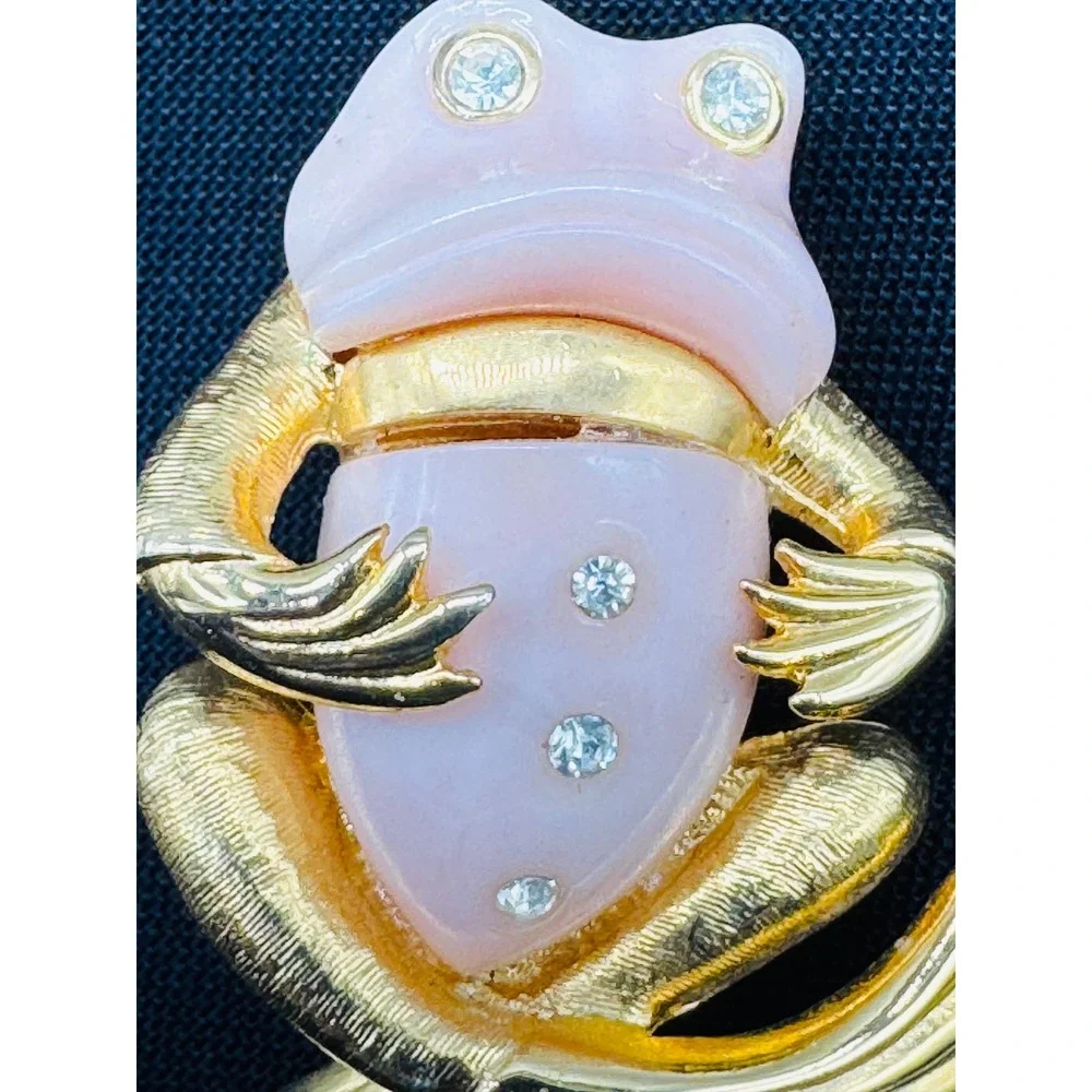 Vintage Pink Lucite Frog Brooch Gold Tone Clear Rhinestone Figural Pin